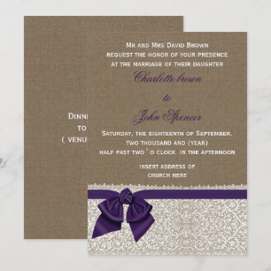 Burlap and Lace Purple Wedding Invitation