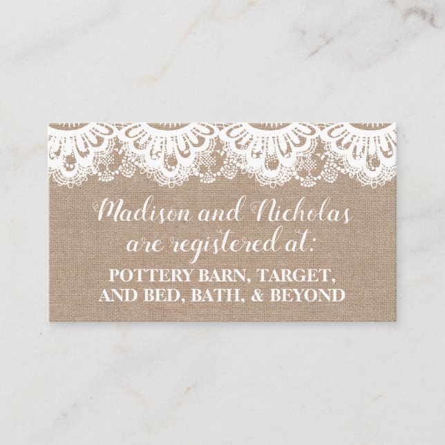 Burlap and Lace Registry Insert Cards, Rustic (Front)