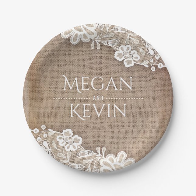 Burlap and Lace Rustic Country Wedding Paper Plate (Front)