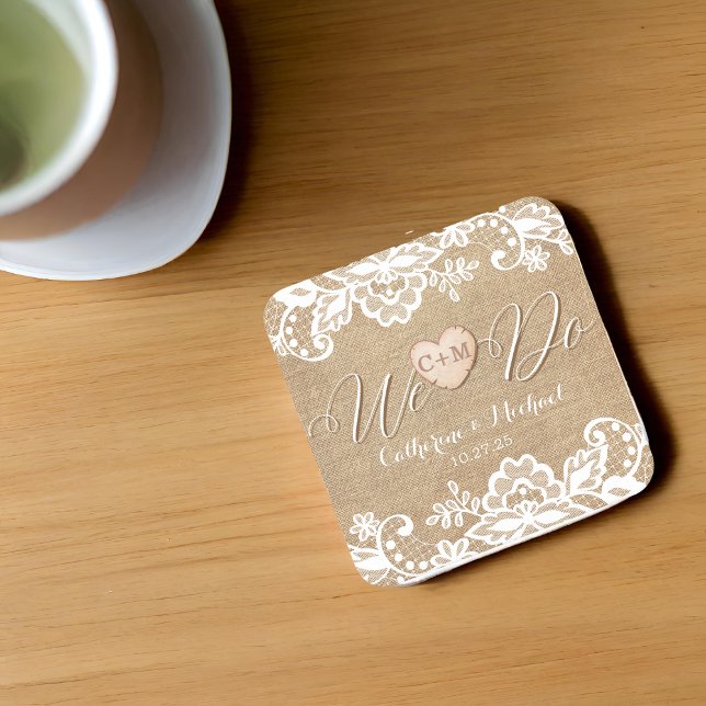 Burlap And Lace Rustic Country Wedding Square Paper Coaster (Creator Uploaded)