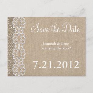 Burlap and Lace Rustic Save the Date Announcement Postcard