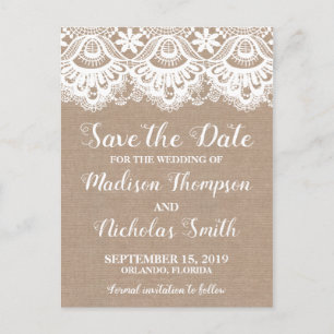 Burlap and Lace Save the Date Postcards, Rustic Postcard