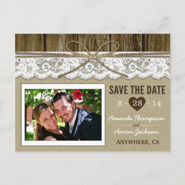 Burlap and Lace Save the Date Wedding Postcards (Front)