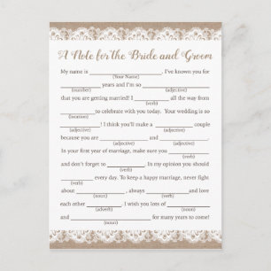 Burlap and Lace Wedding Advice Cards, Rustic Postcard