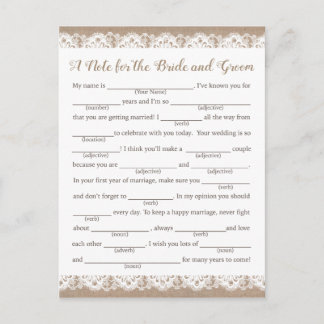 Burlap and Lace Wedding Advice Cards, Rustic Postcard