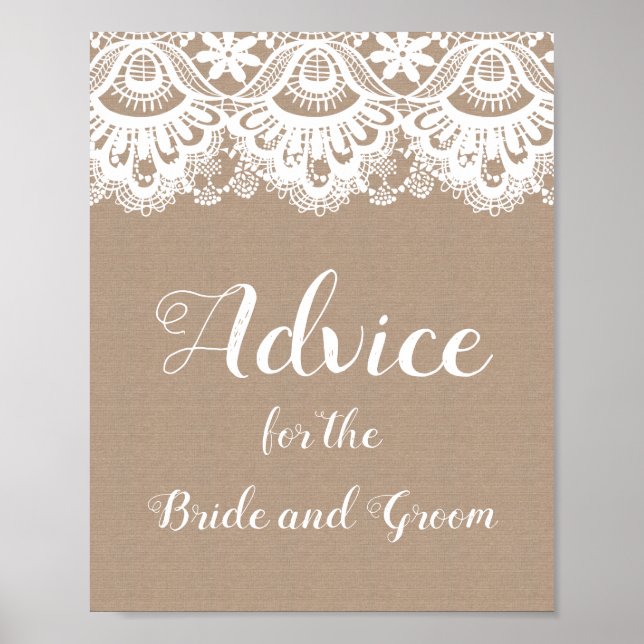 Burlap and Lace Wedding Advice Sign Poster (Front)