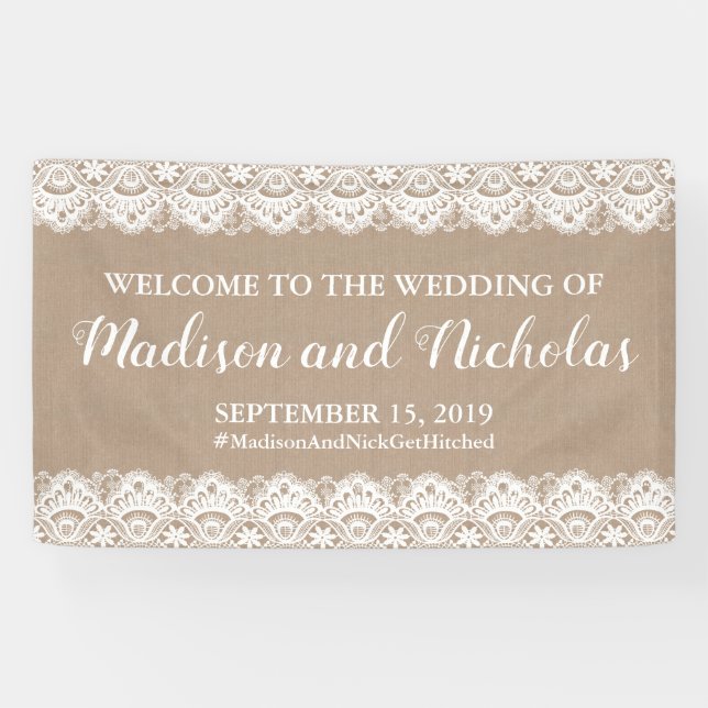 Burlap and Lace Wedding Banner Decoration, Rustic (Horizontal)