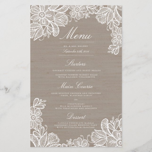 Burlap and Lace Wedding Dinner Menu (Front)