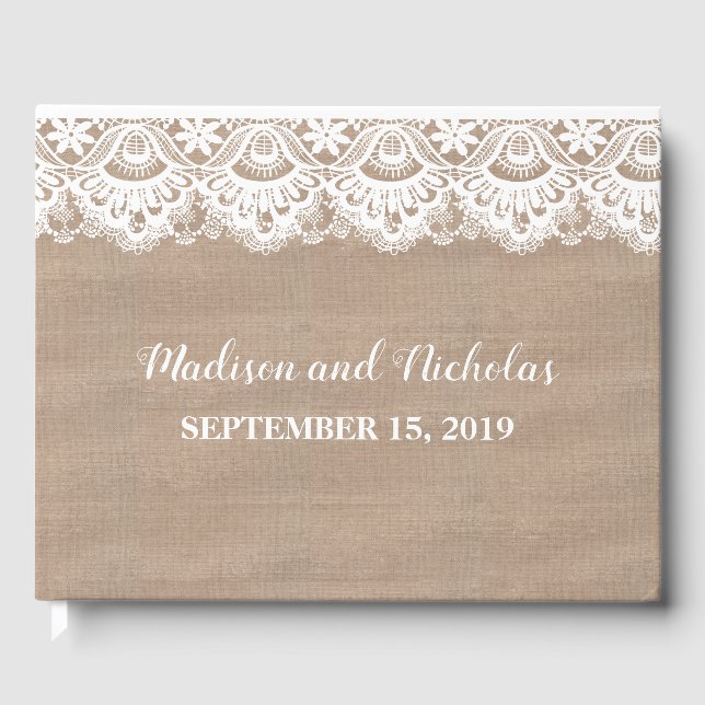 Burlap and Lace Wedding Guest Book, Rustic Book (Front)