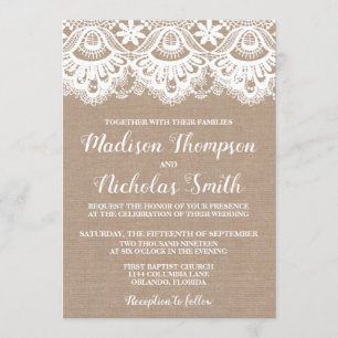 Burlap and Lace Wedding Invitation Card, Rustic