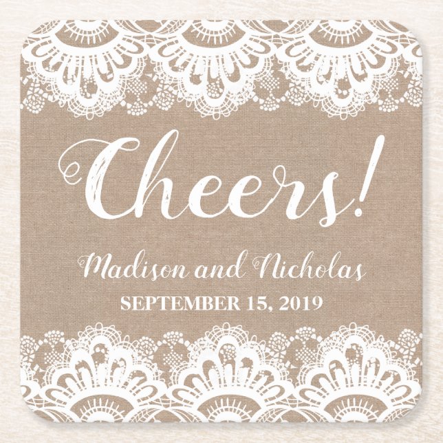 Burlap and Lace Wedding Paper Coasters, Rustic Square Paper Coaster (Front)