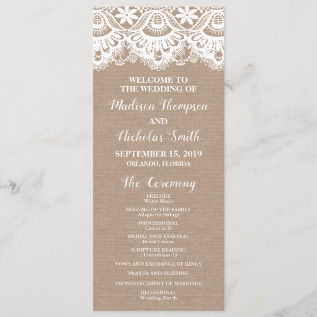 Burlap and Lace Wedding Program Cards, Rustic Programme (Front)