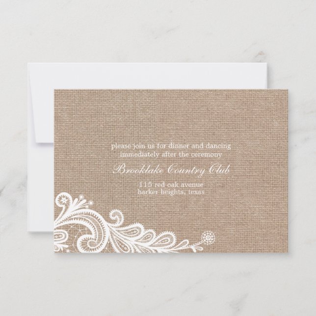 Burlap and Lace Wedding Reception Card (Front)