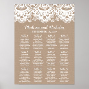 Burlap and Lace Wedding Seating Chart, Rustic Poster