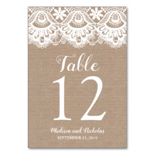 Burlap and Lace Wedding Table Number Cards, Rustic