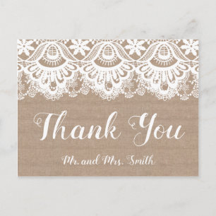 Burlap and Lace Wedding Thank You Postcards Rustic