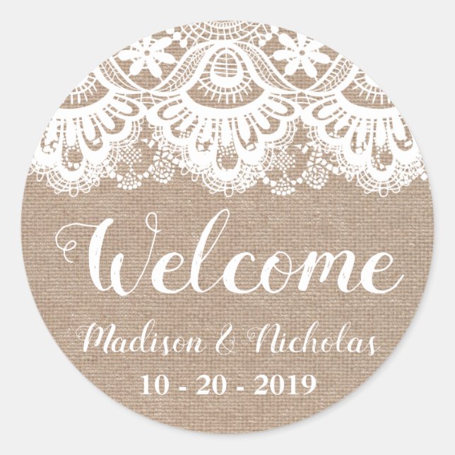 Burlap and Lace Wedding Welcome Stickers, Rustic Classic Round Sticker (Front)