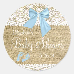 Burlap and Lace with Blue Bow Baby Shower-Favour Classic Round Sticker