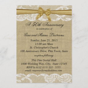 Burlap and Lace with Gold Bow 50th Anniversary Invitation