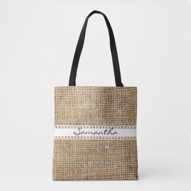 Burlap and Lacey Ribbon Design Tote Bag (Front)