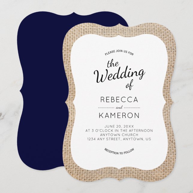 Burlap and Navy Blue Bracket Frame Wedding Invite (Front/Back)