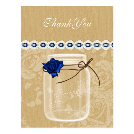 burlap and navy blue rose mason jar thank you postcard