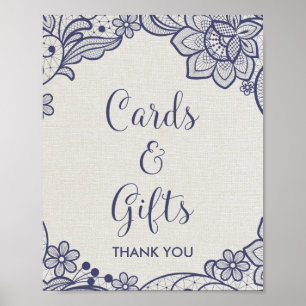 Burlap and Navy Lace Floral Cards and Gifts Sign
