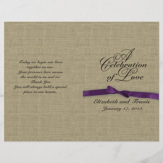 Burlap and Purple Bow Wedding Program (Front)