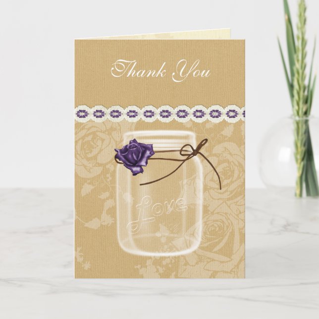 burlap and purple rose mason jar thank you card (Front)