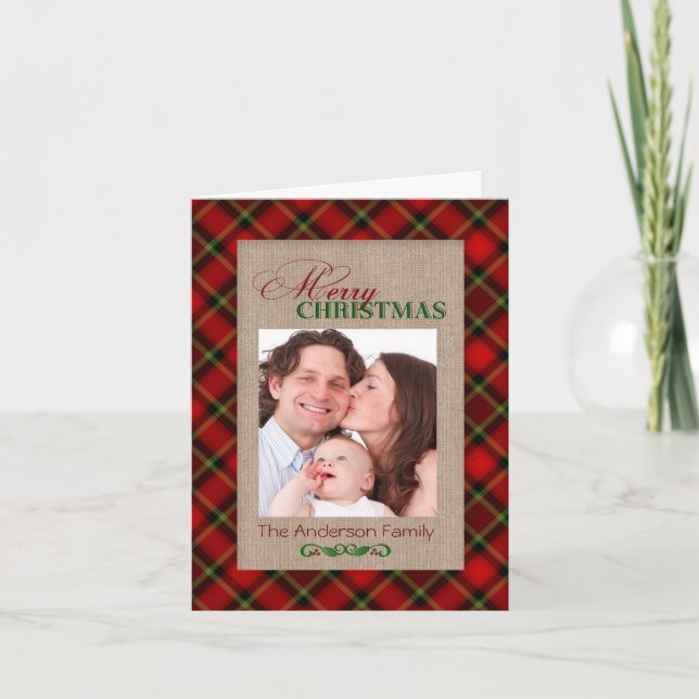 Burlap and Red Plaid Christmas Photo Card (Front)