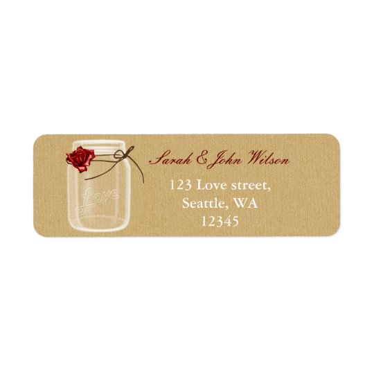 burlap and red rose mason jar return address label