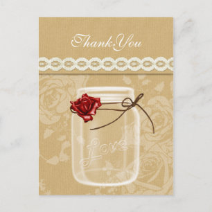 burlap and red rose mason jar thank you postcard