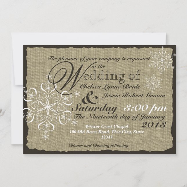 Burlap and Snowflakes Wedding  5 x 7 Invitation (Front)