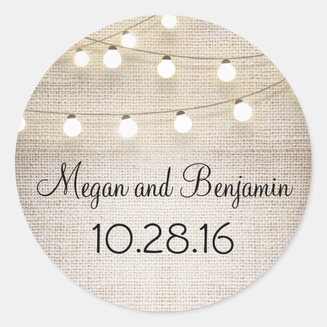 Burlap and String Lights Rustic Classic Round Sticker (Front)