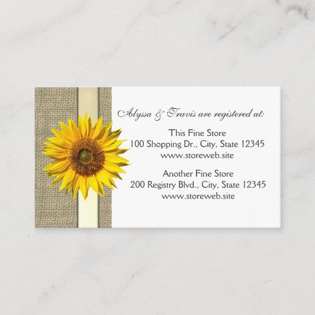 Burlap and sunflower Bridal Registry Card (Front)