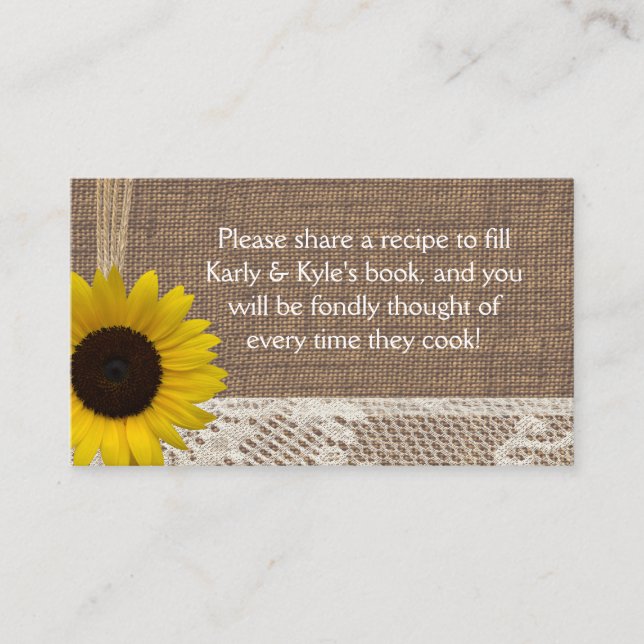 Burlap and Sunflower Recipe or Registry Enclosure Card (Front)