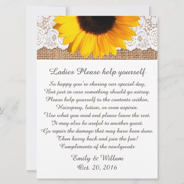 Burlap and Sunflower Wedding Basket Sign (Front)