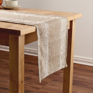 Burlap and White lace Print Long Table Runner