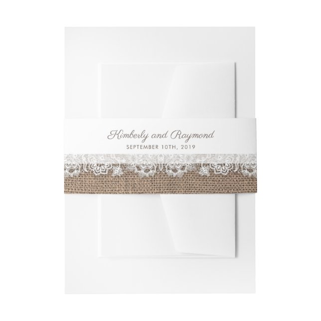 Burlap and White Lace Rustic Wedding Invitation Belly Band (Front Example)