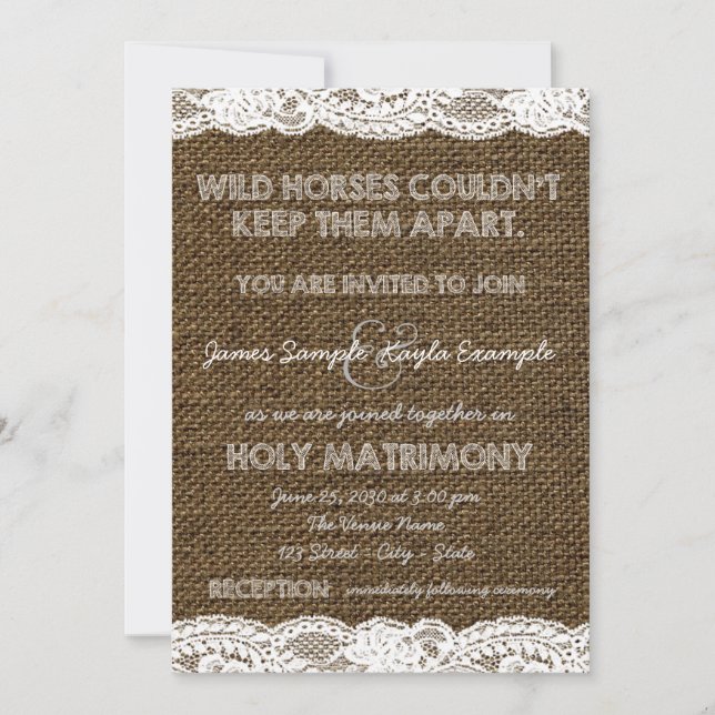 Burlap and White Lace Wedding Invitation (Front)