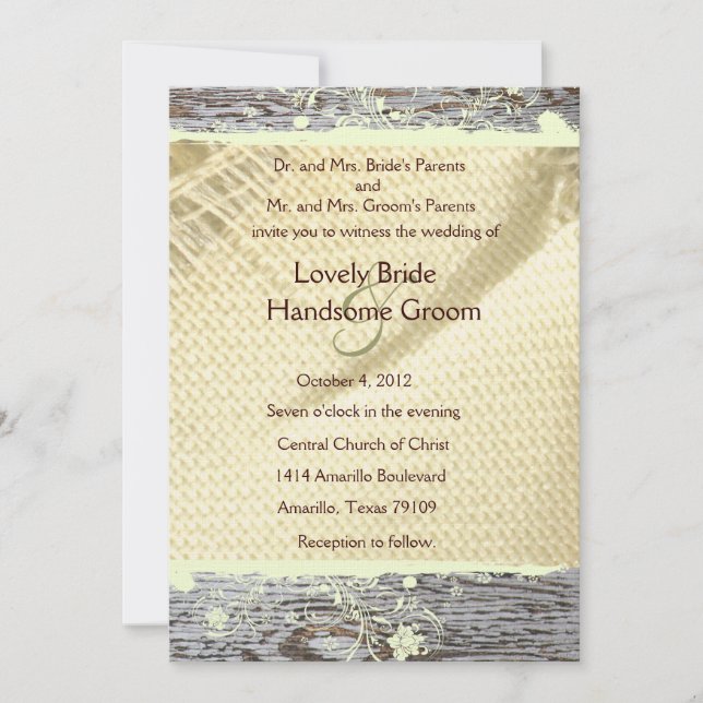 Burlap and Wood Country Wedding Invitation (Front)