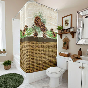 Burlap and wood pincones shower curtain