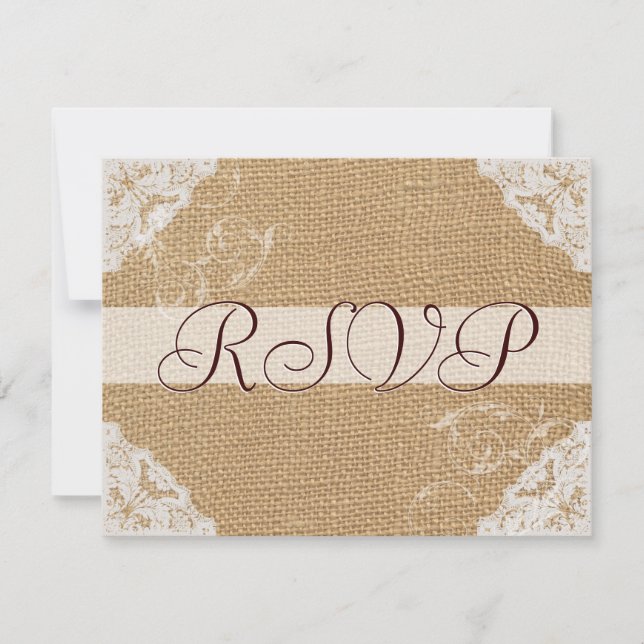 Burlap Antique White Lace Wedding RSVP (Front)
