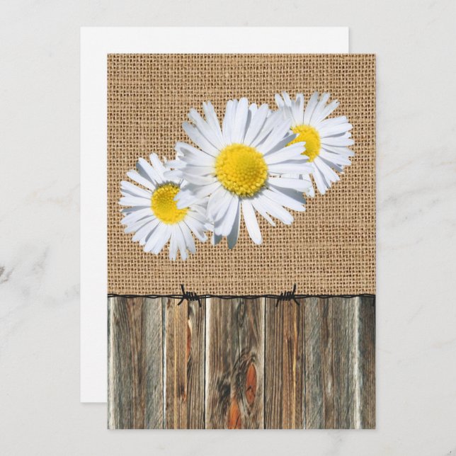 Burlap Barnwood Barbed Wire and Daisies Invite (Front/Back)