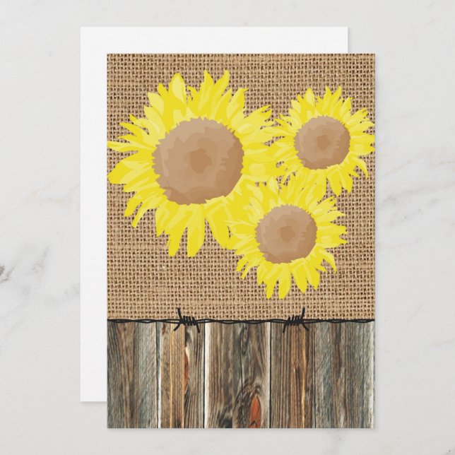Burlap Barnwood Barbed Wire and Sunflowers Invite (Front/Back)