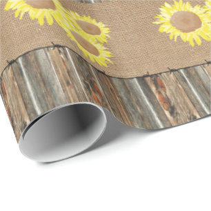 Burlap Barnwood Barbed Wire And Sunflowers Wrapping Paper