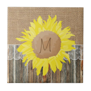 Burlap Barnwood Lace And Sunflower Personalise Tile