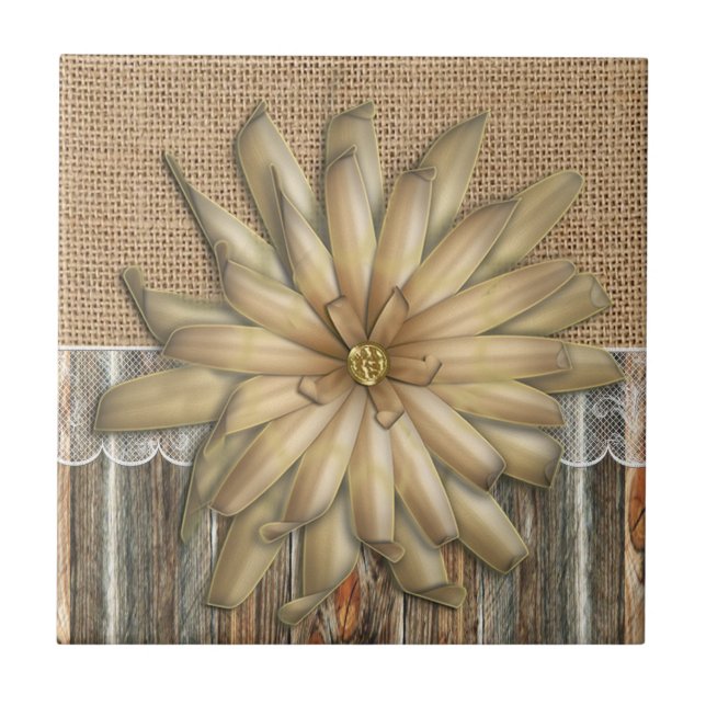 Burlap Barnwood Lace And Tan Flower Tile (Front)
