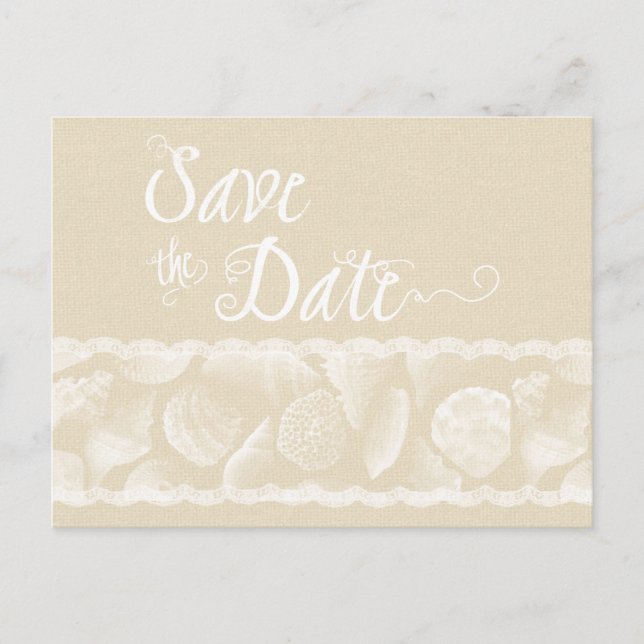 Burlap Beach Save the Date with Lace and Shells Announcement Postcard (Front)