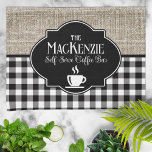 Burlap Black Buffalo Check Personalised Tea Towel<br><div class="desc">A fun design of faux burlap with a classic black and white buffalo check edging with your personalisation and a white sillhouette coffee mug.</div>
